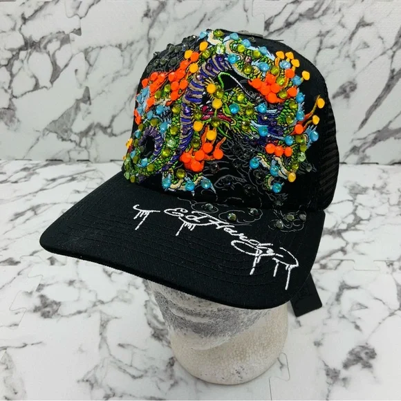 Ed Hardy Dragons BlackMulticolor Rhinestone Trucker Hat NWT